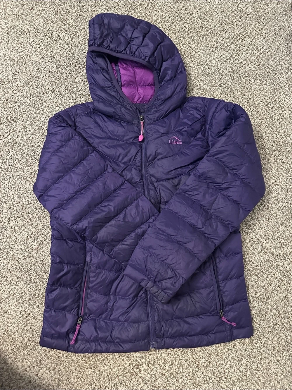 L.L. Bean Girls Deep Purple Packable Hooded Puffer with Pink Accents